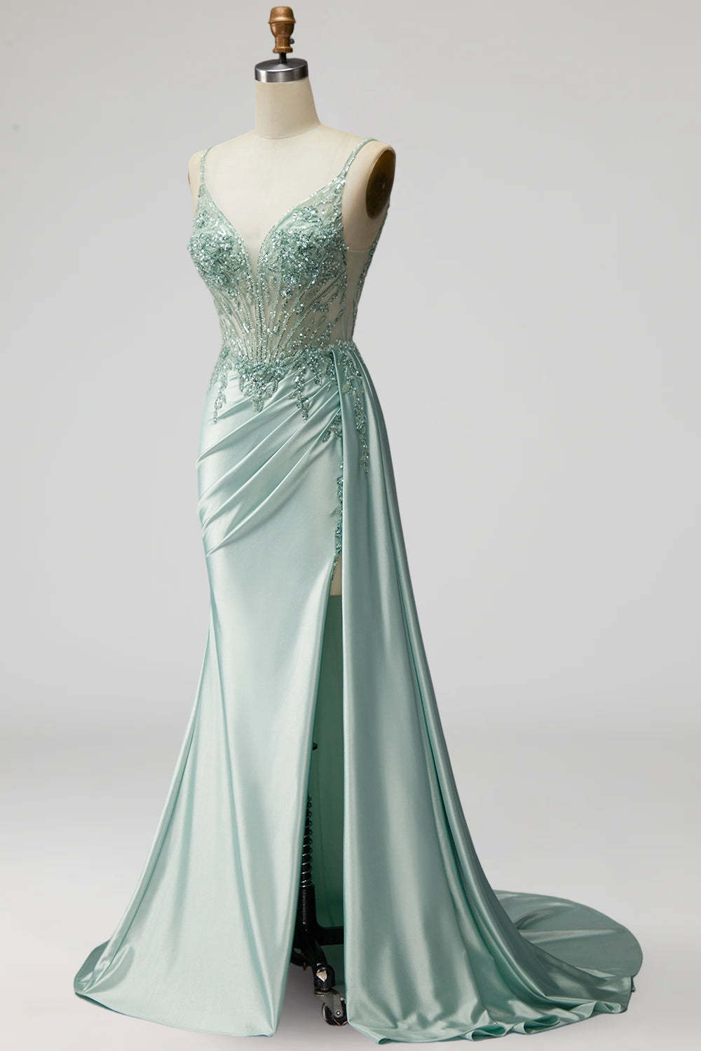 Light Green Sparkly Beaded Corset Mermaid Ruched Long Prom Dress with Slit