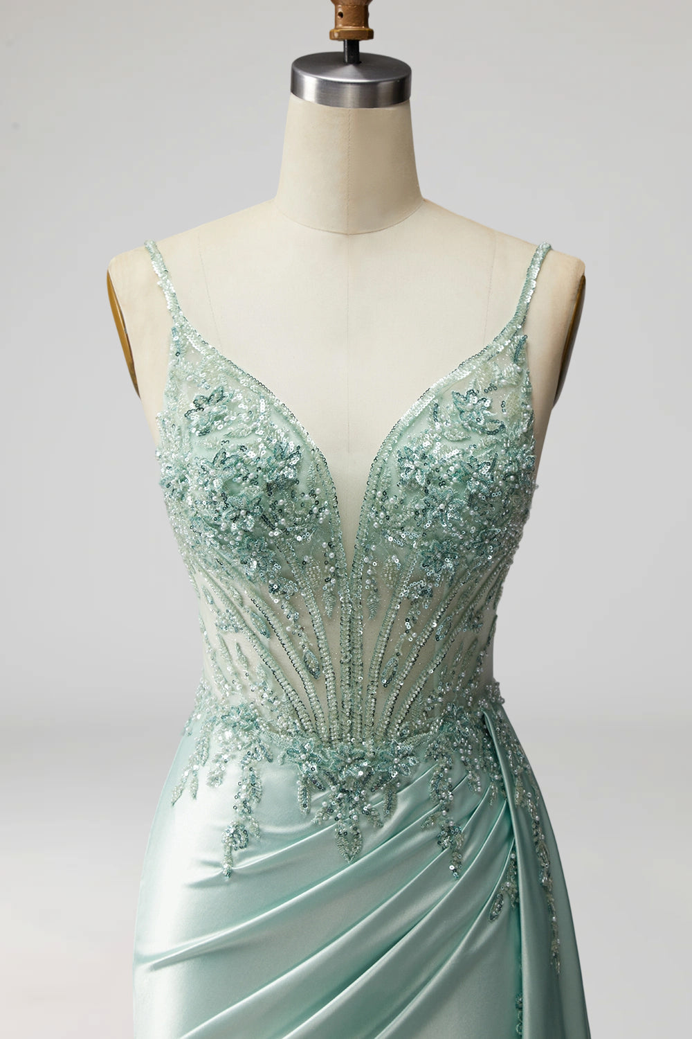 Light Green Sparkly Beaded Corset Mermaid Ruched Long Prom Dress with Slit