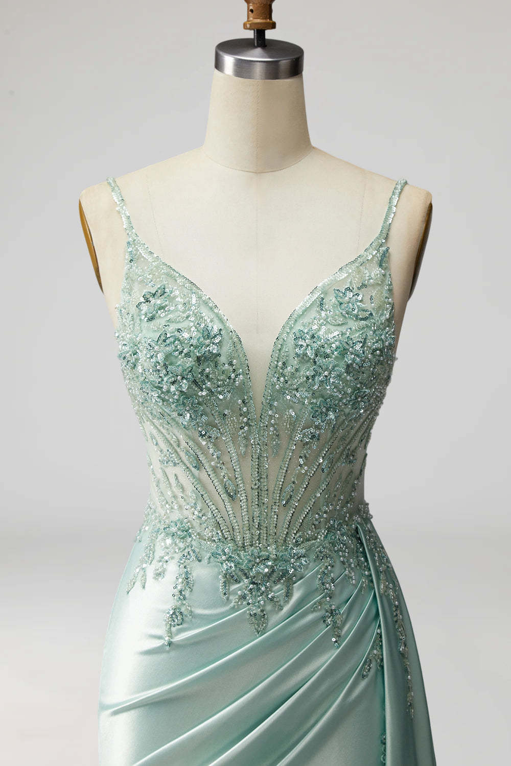 Light Green Sparkly Beaded Corset Mermaid Ruched Long Prom Dress with Slit