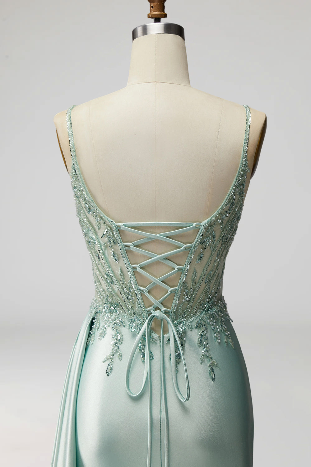 Light Green Sparkly Beaded Corset Mermaid Ruched Long Prom Dress with Slit