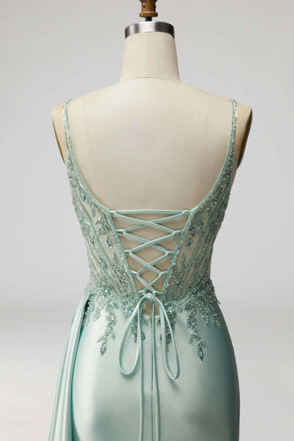 Light Green Sparkly Beaded Corset Mermaid Ruched Long Prom Dress with Slit