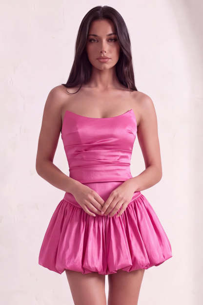 Leely Women Fuchsia Short Ruched Homecoming Dress Satin A-Line Strapless Lace Up Cocktail Dress