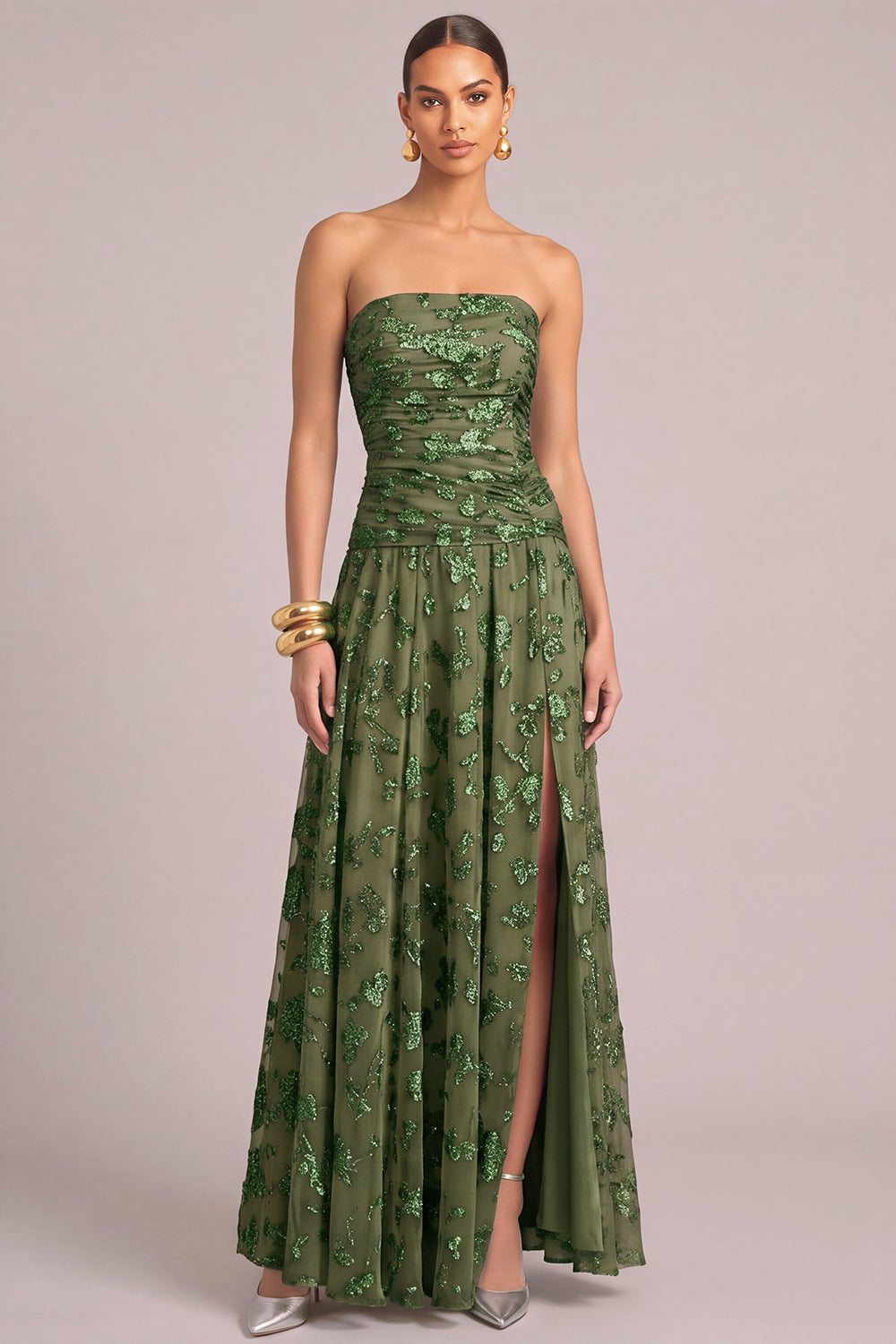 Leely Women Army Green Maxi Floral Wedding Guest Dress A-Line Strapless Chiffon Ruched Formal Dress with Slit