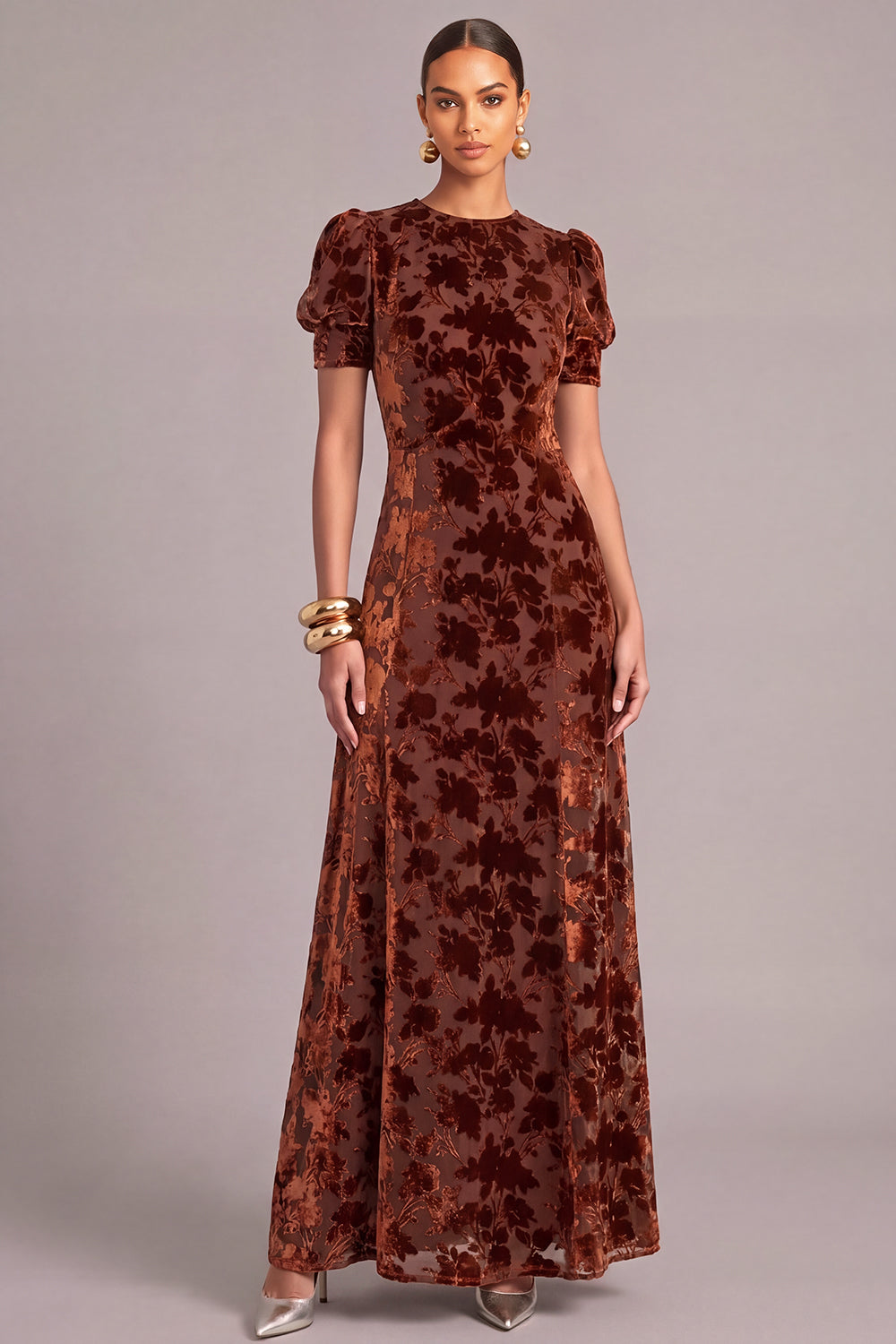 Leely Women Brown Maxi Floral Wedding Guest Dress Velvet A-Line Round Neck Puff Sleeves Holiday Dress