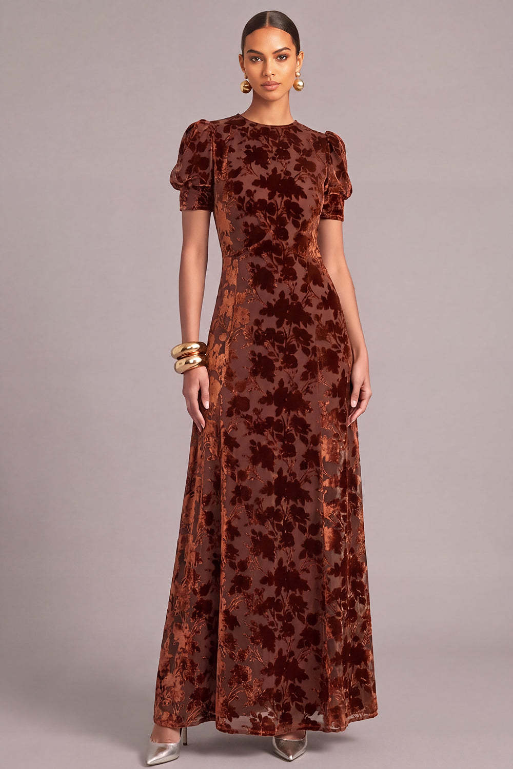 Leely Women Brown Maxi Floral Wedding Guest Dress Velvet A-Line Round Neck Puff Sleeves Holiday Dress