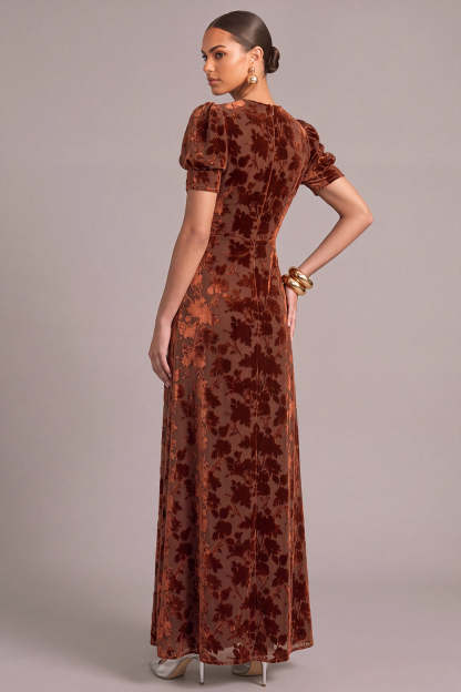 Brown A-Line Round Neck Floral Short Sleeves Maxi Wedding Guest Dress