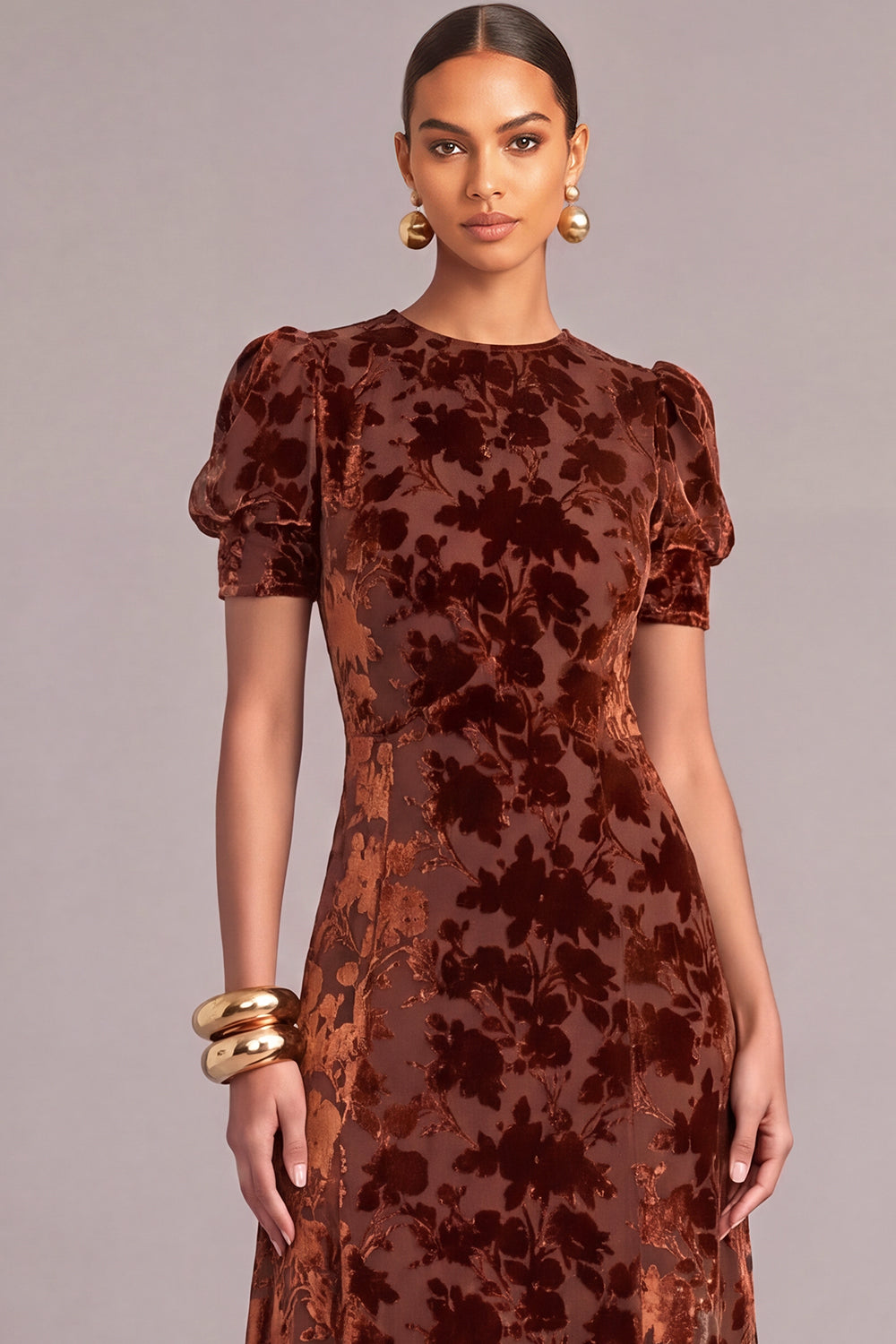 Brown A-Line Round Neck Floral Short Sleeves Maxi Wedding Guest Dress