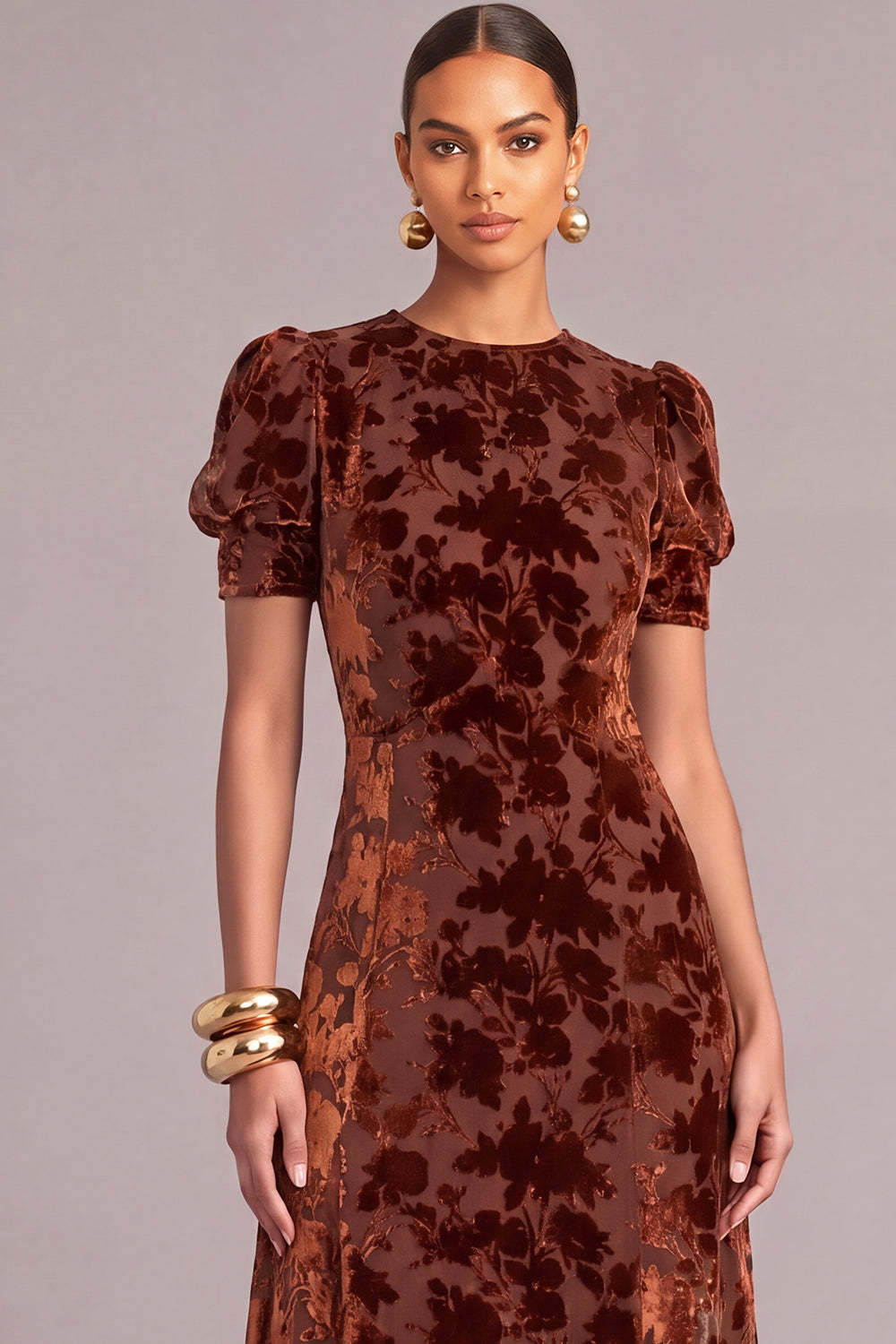 Brown A-Line Round Neck Floral Short Sleeves Maxi Wedding Guest Dress