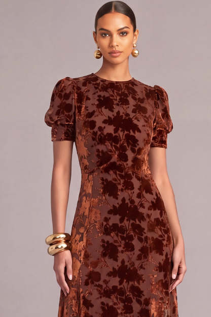 Brown A-Line Round Neck Floral Short Sleeves Maxi Wedding Guest Dress