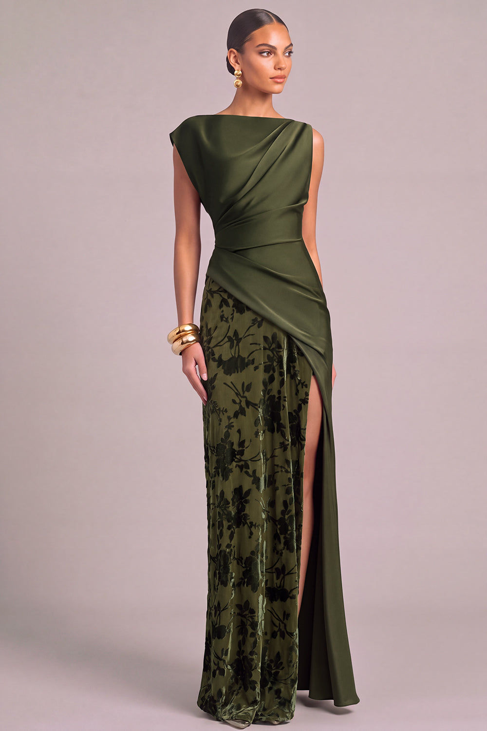 Leely Women Maxi Floral Army Green Wedding Guest Dress Ruched A-Line Satin Velvet Sheath Boat Neck Holiday Dress with Slit