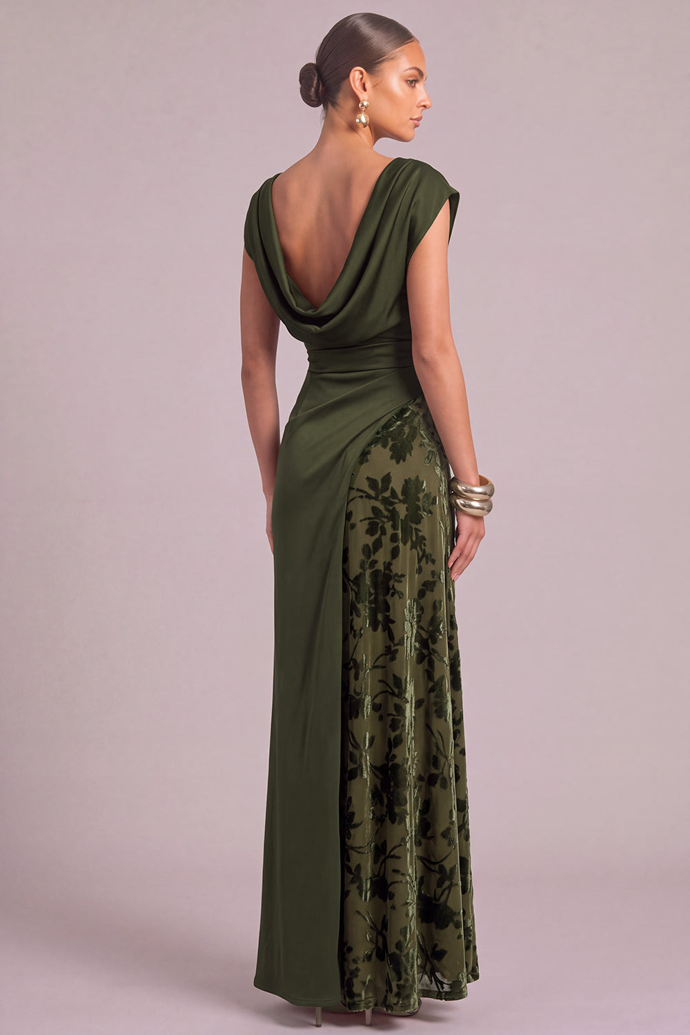 Army Green Sheath Boat Neck Ruched Maxi Floral Wedding Guest Dress with  Slit