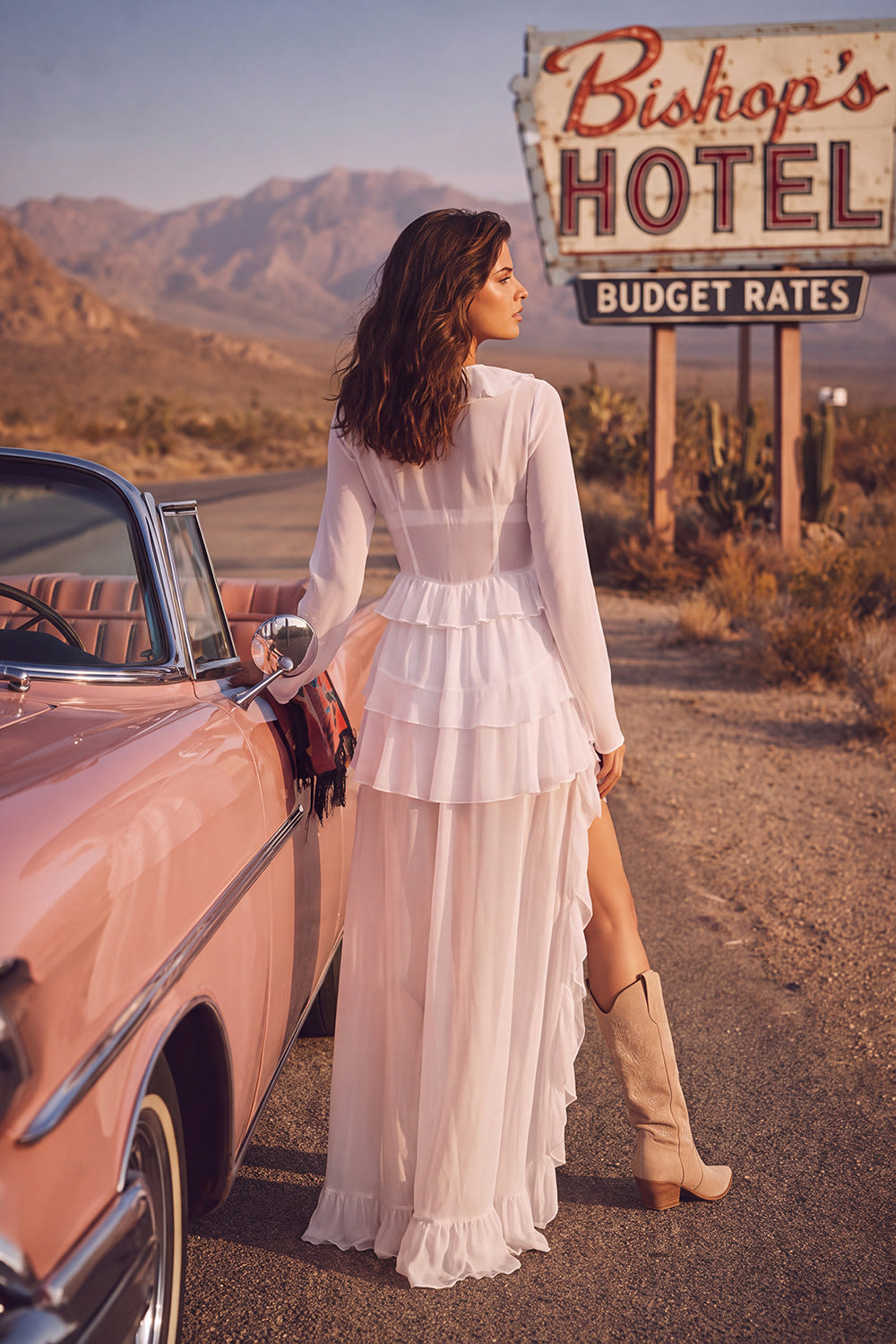 White 2 Piece V-Neck Ruffled High-Low Western Wedding Dress with Sleeves
