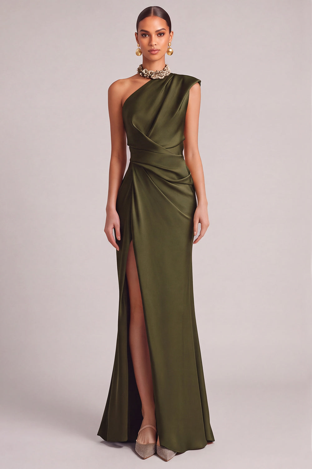 Dark Green Mermaid One Shoulder Ruched Maxi Formal Dress with Slit