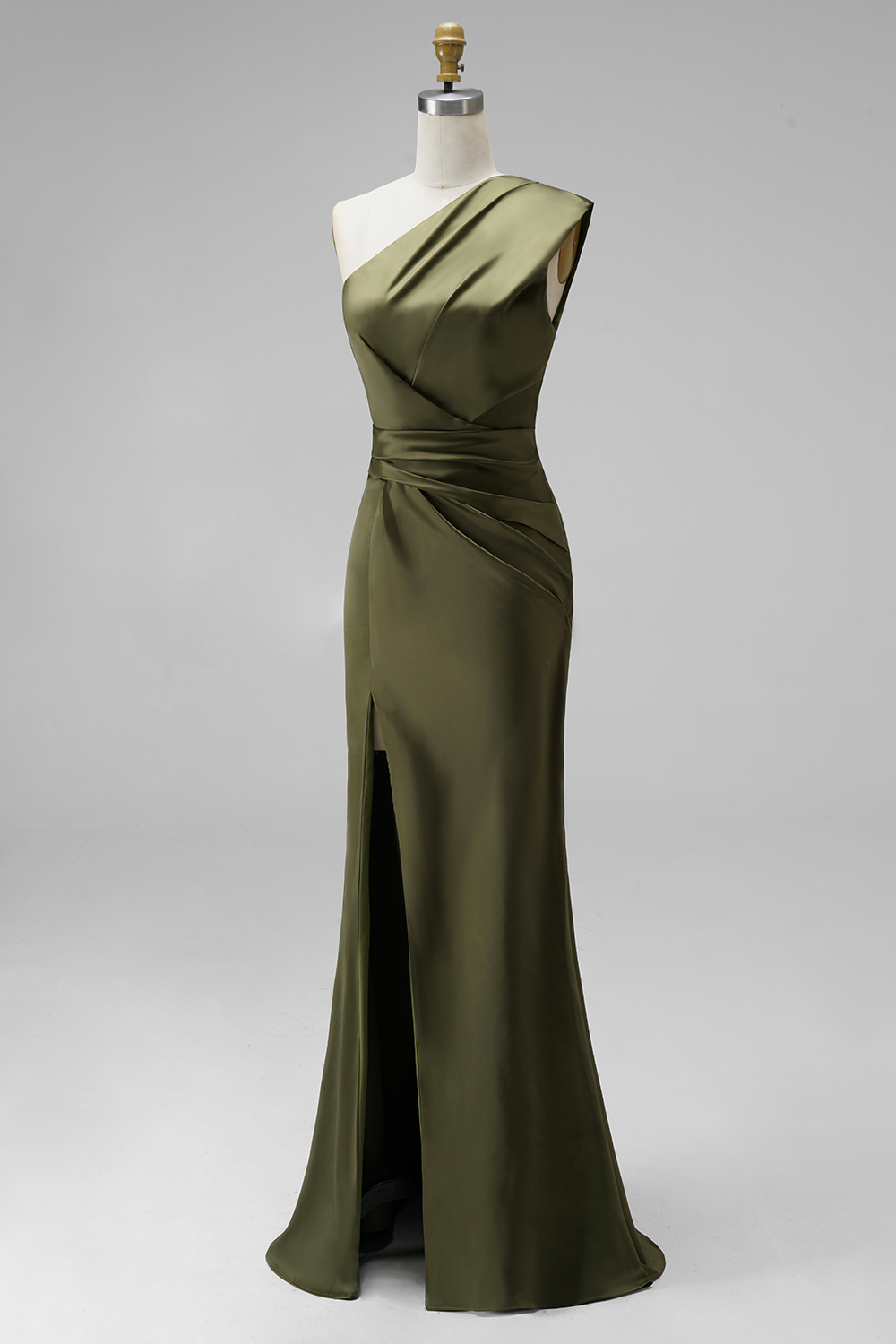 Dark Green Mermaid One Shoulder Ruched Maxi Formal Dress with Slit(Necklace is not included)
