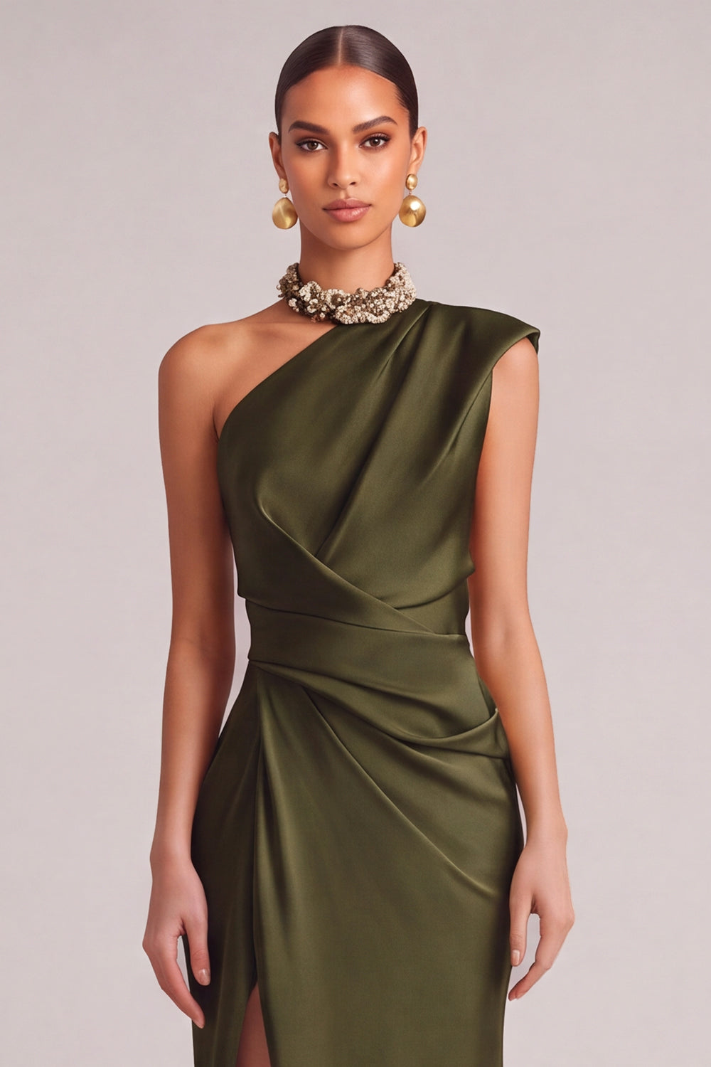 Dark Green Mermaid One Shoulder Ruched Maxi Formal Dress with Slit