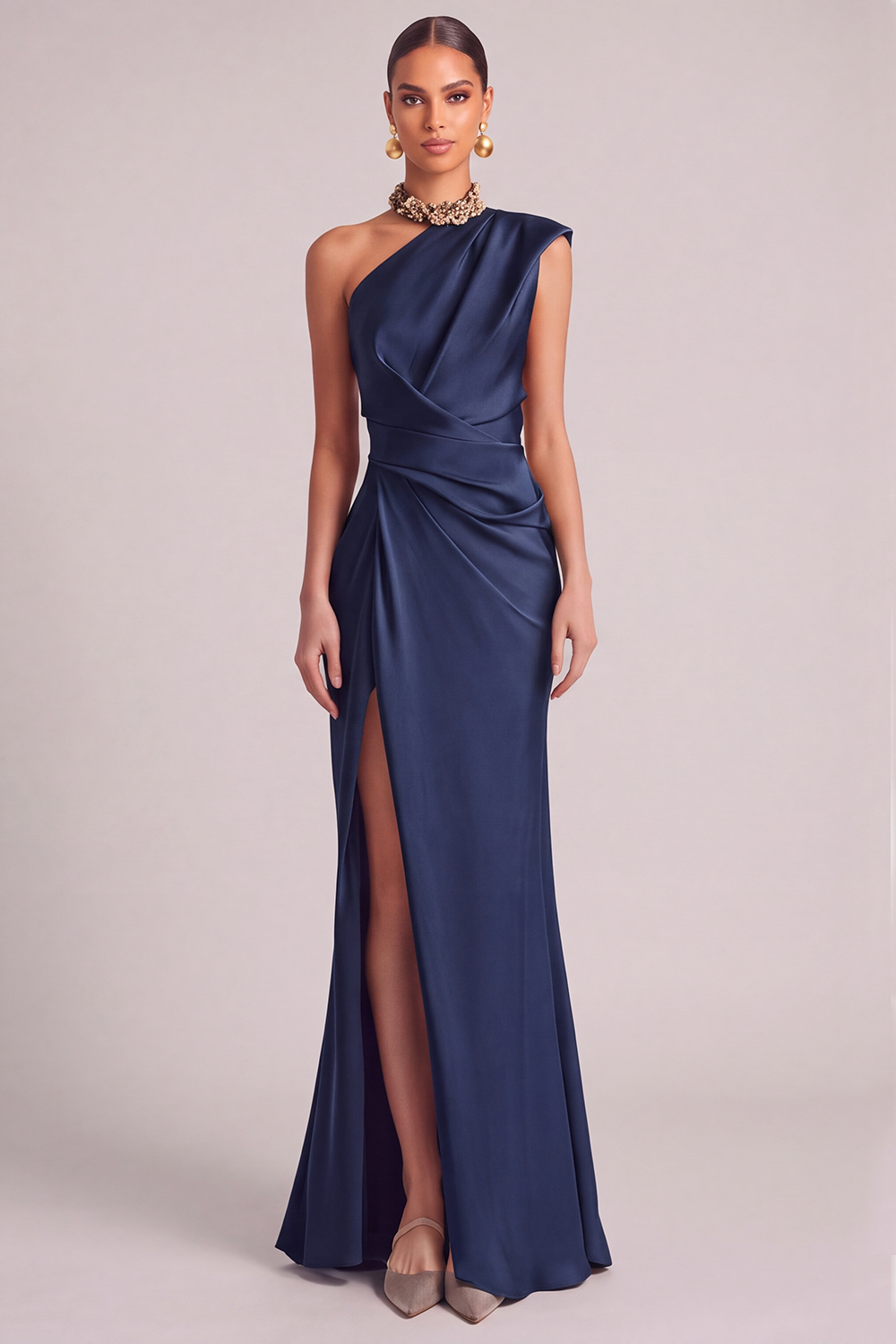 Leely Women Dark Green Maxi Formal Dress One Shoulder Satin Mermaid Ruched Wedding Guest Dress with Slit