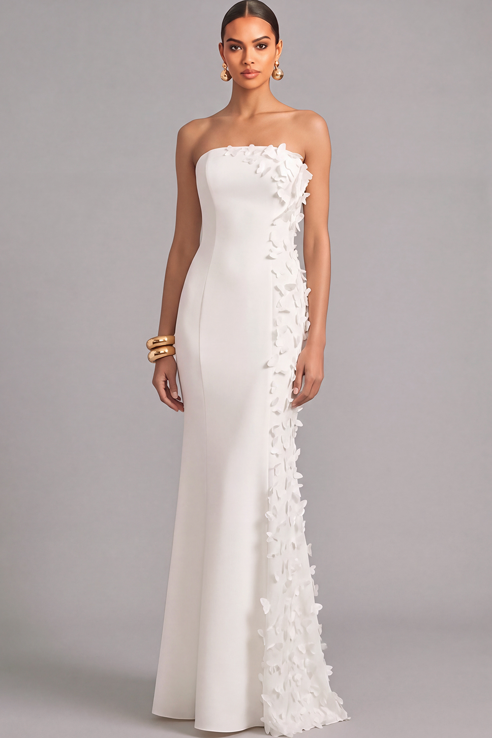 White Mermaid Strapless Maxi Formal Dress with 3D Flower