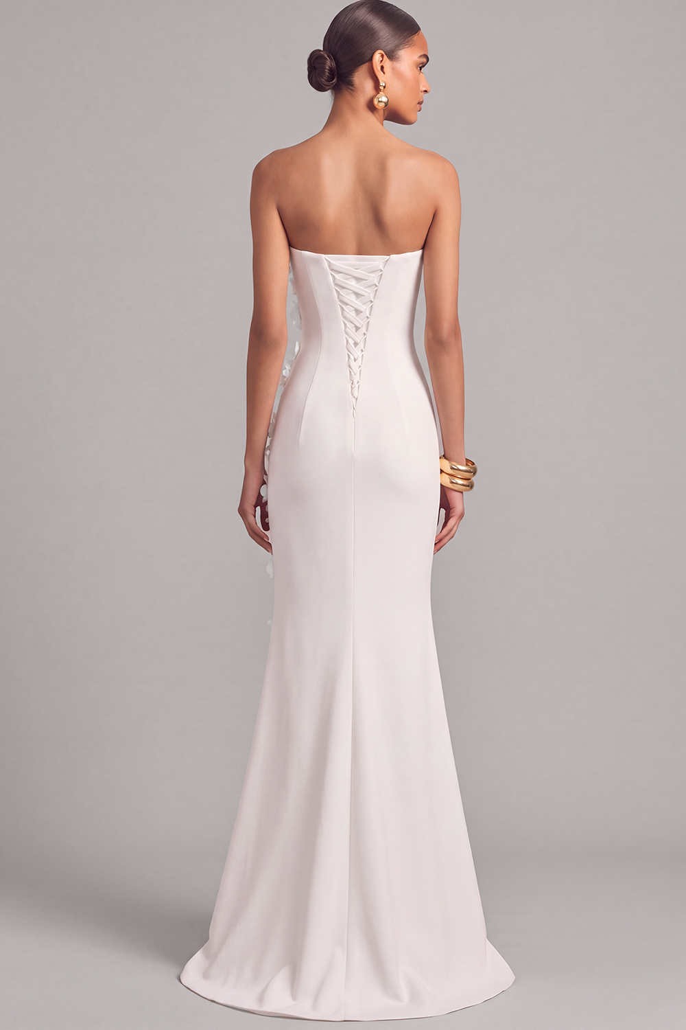 White Mermaid Strapless Maxi Formal Dress with 3D Flower