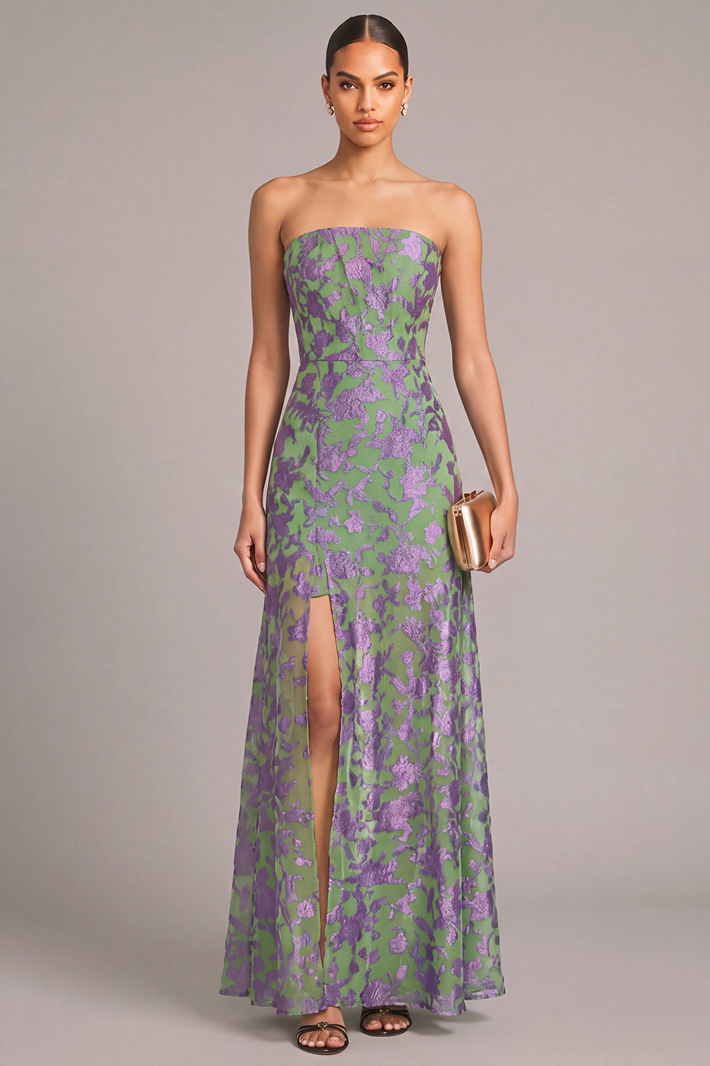 Leely Women Maxi Green Floral Formal Dress A-Line Strapless Lace Up Jacquard Wedding Guest Dress with Slit