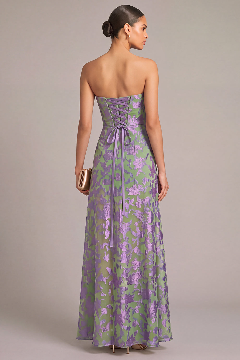 Green Jacquard A-Line Floral Strapless Maxi Formal Dress with Slit