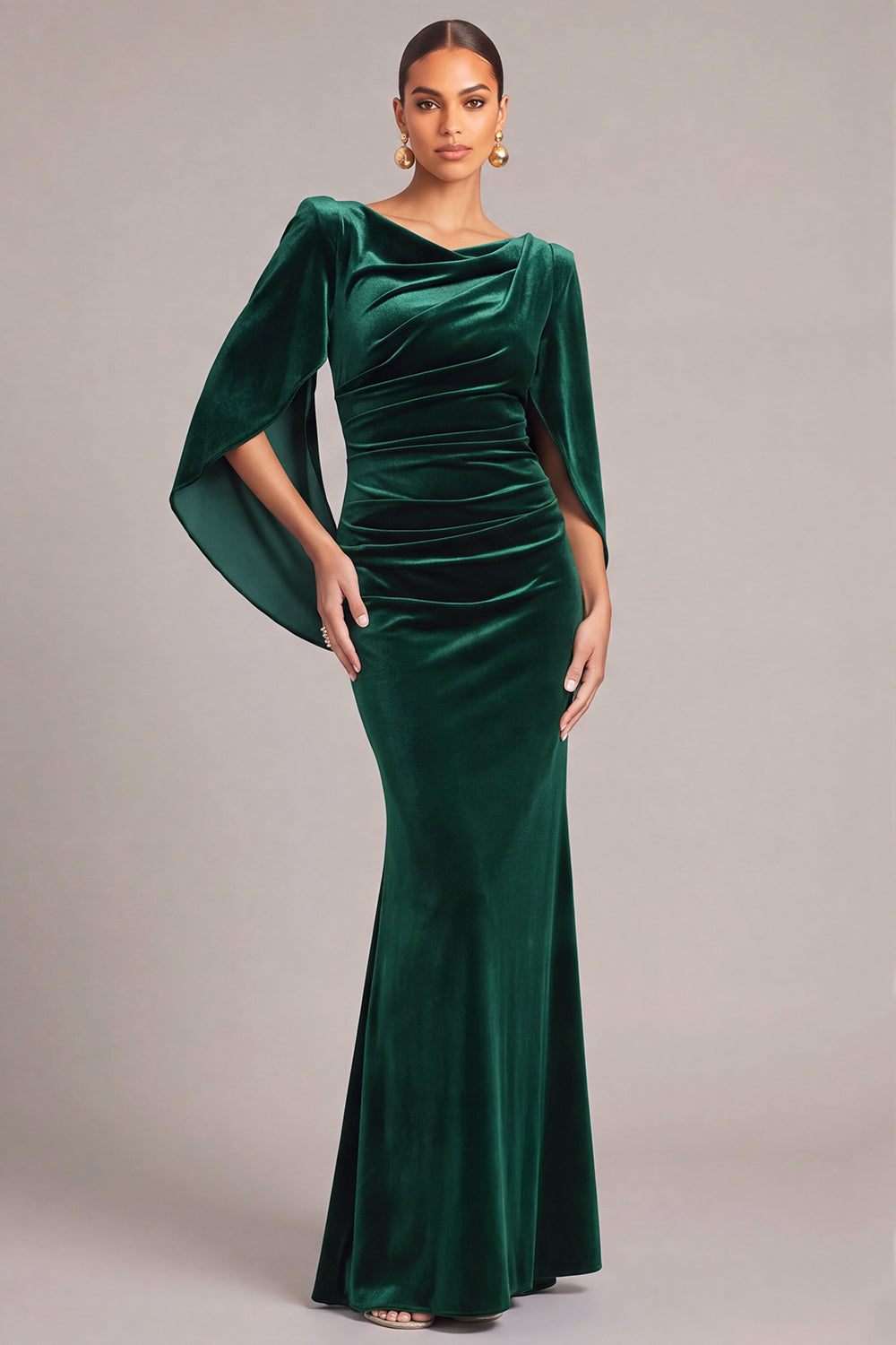 Leely Women Dark Green Long Formal Dress Velvet Mermaid Cowl Neck Ruched Holiday Dress with Cape