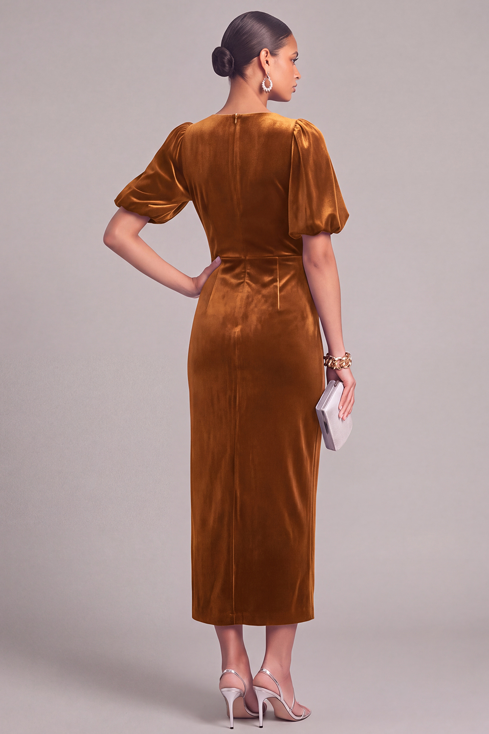 Plum Velvet Sheath V-Neck Puff Sleeves Midi Formal Dress