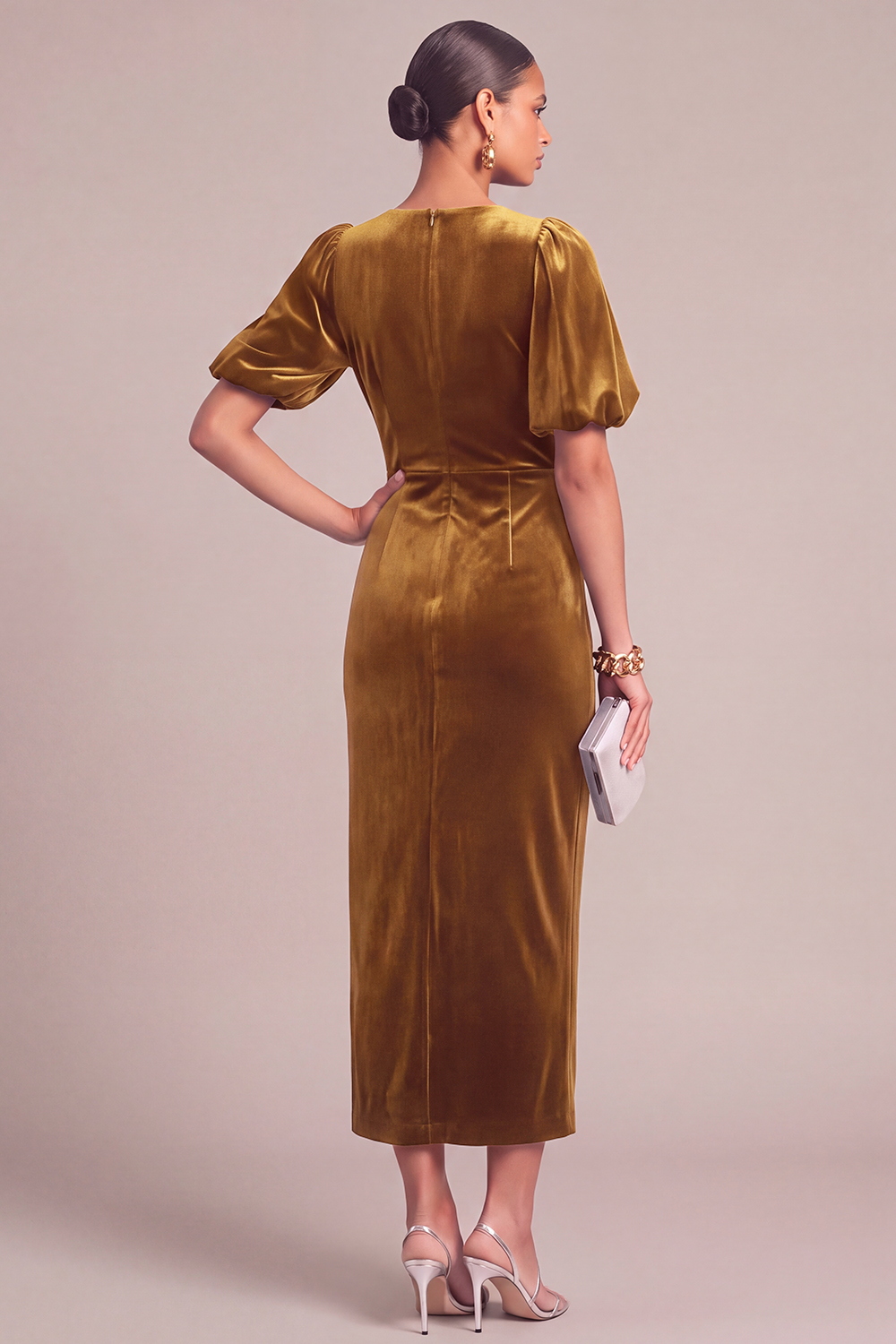 Plum Velvet Sheath V-Neck Puff Sleeves Midi Formal Dress