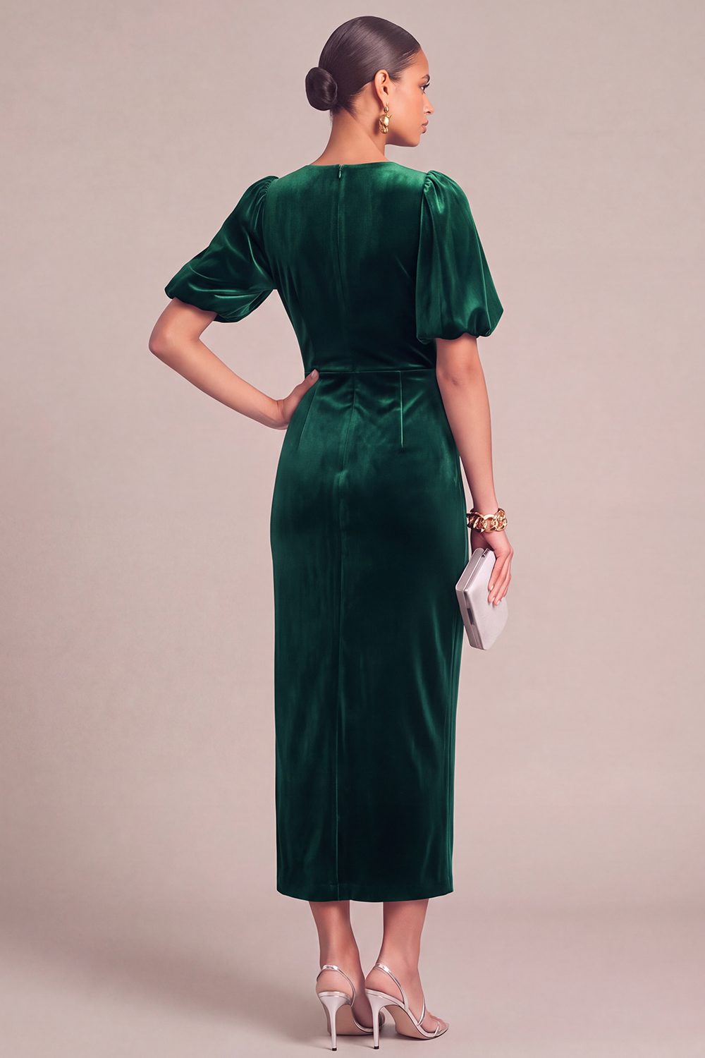 Plum Velvet Sheath V-Neck Puff Sleeves Midi Formal Dress