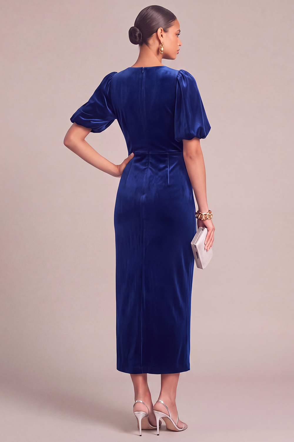 Plum Velvet Sheath V-Neck Puff Sleeves Midi Formal Dress