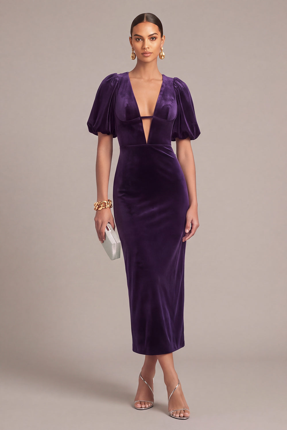 Plum Velvet Sheath V-Neck Puff Sleeves Midi Formal Dress