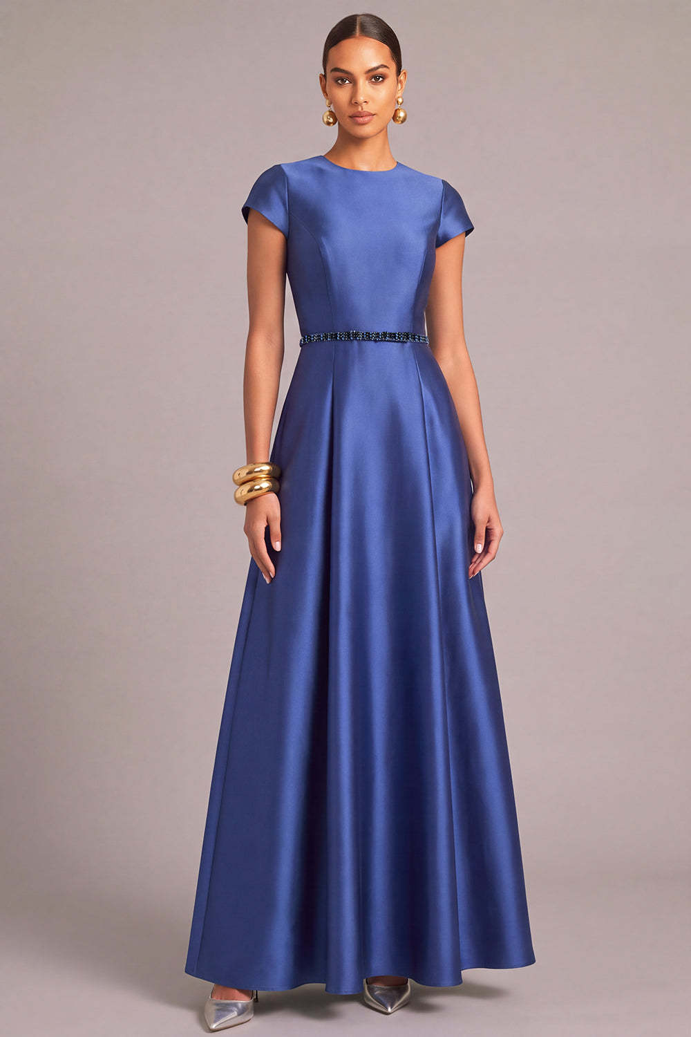 Leely Women Royal Blue Maxi Formal Dress Satin A-Line Round Neck Cap Leely Women Royal Blue Maxi Formal Dress Satin A-Line Round Neck Cap