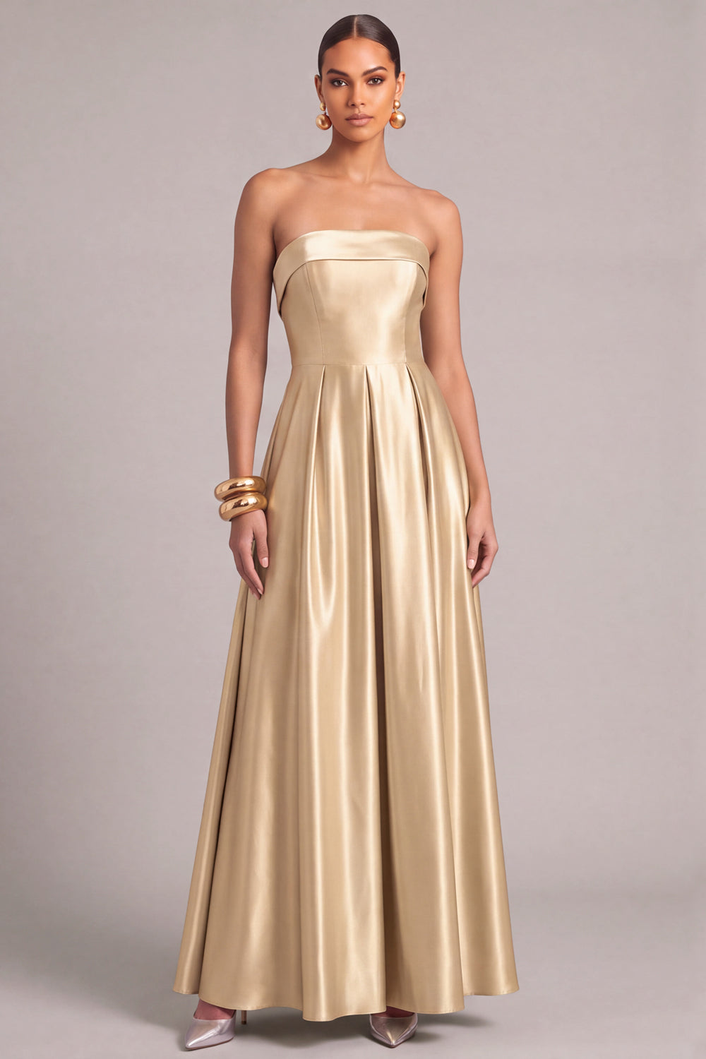 Champagne A-Line Strapless Maxi Formal Dress