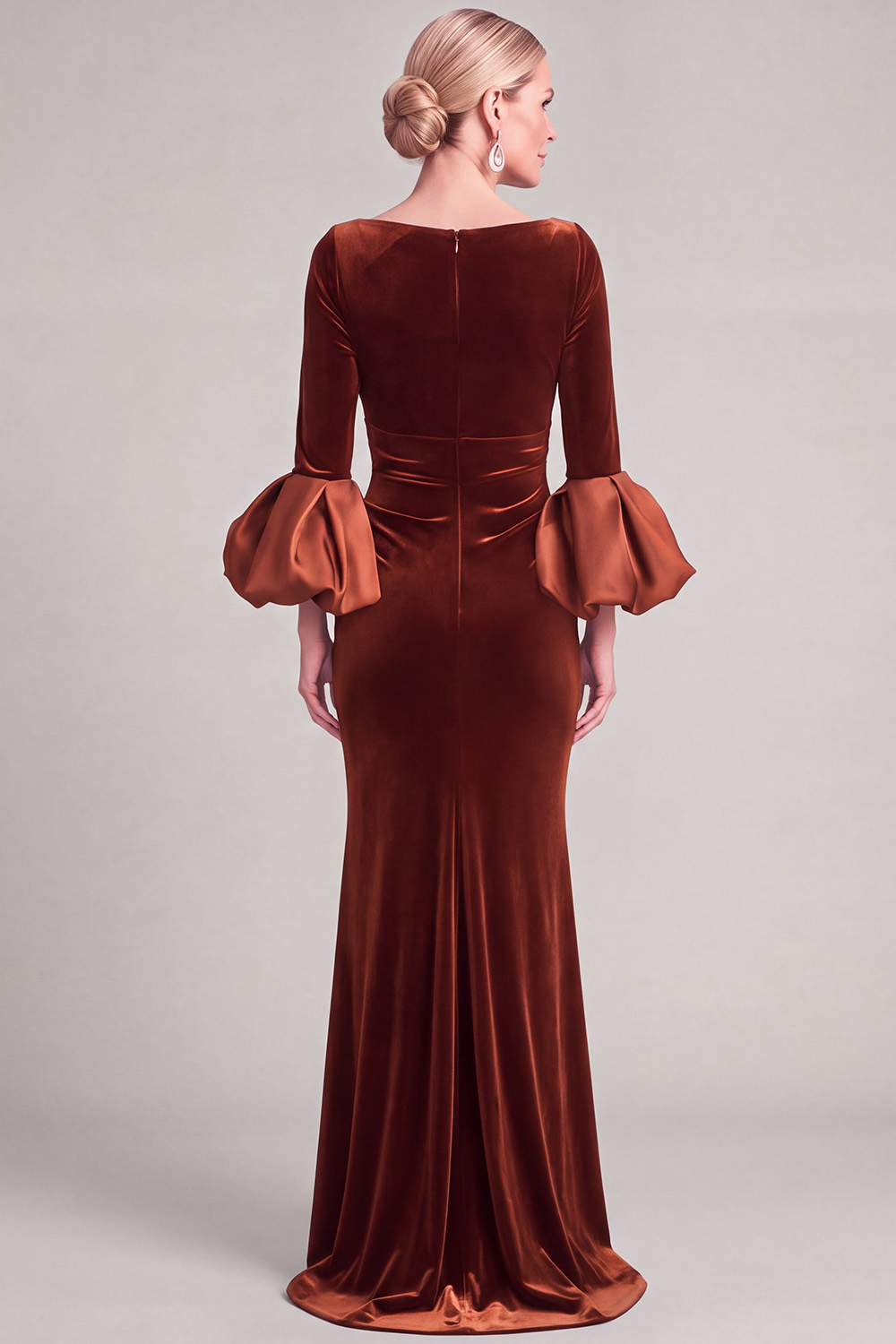 Navy Mermaid Asymmetrical Neck Puff Sleeves Ruched Long Mother of the Bride Dress