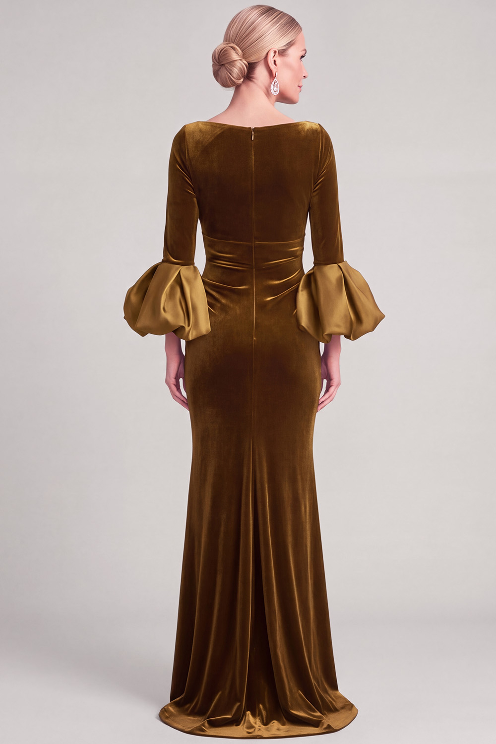 Navy Mermaid Asymmetrical Neck Puff Sleeves Ruched Long Mother of the Bride Dress