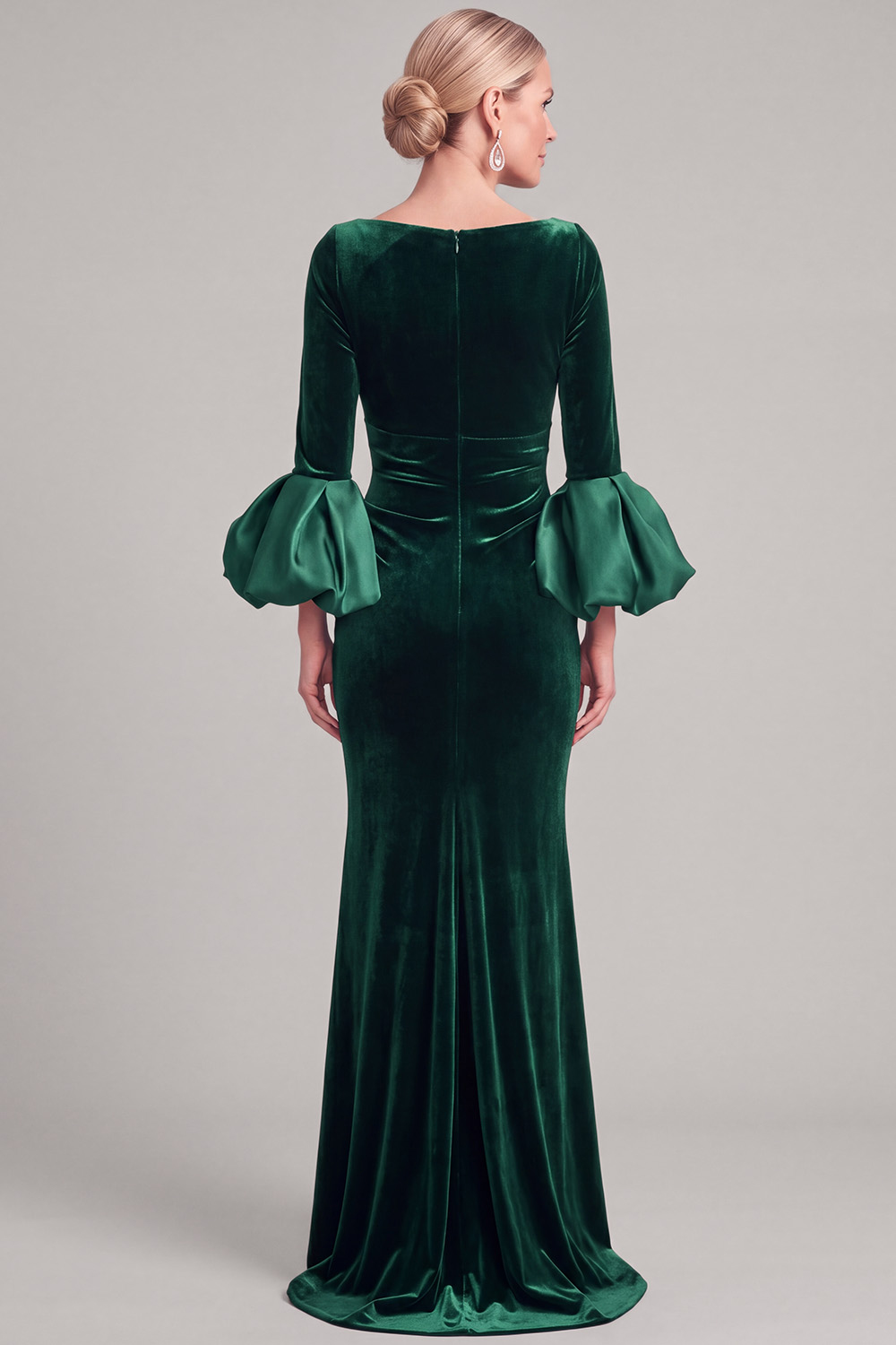 Navy Mermaid Asymmetrical Neck Puff Sleeves Ruched Long Mother of the Bride Dress