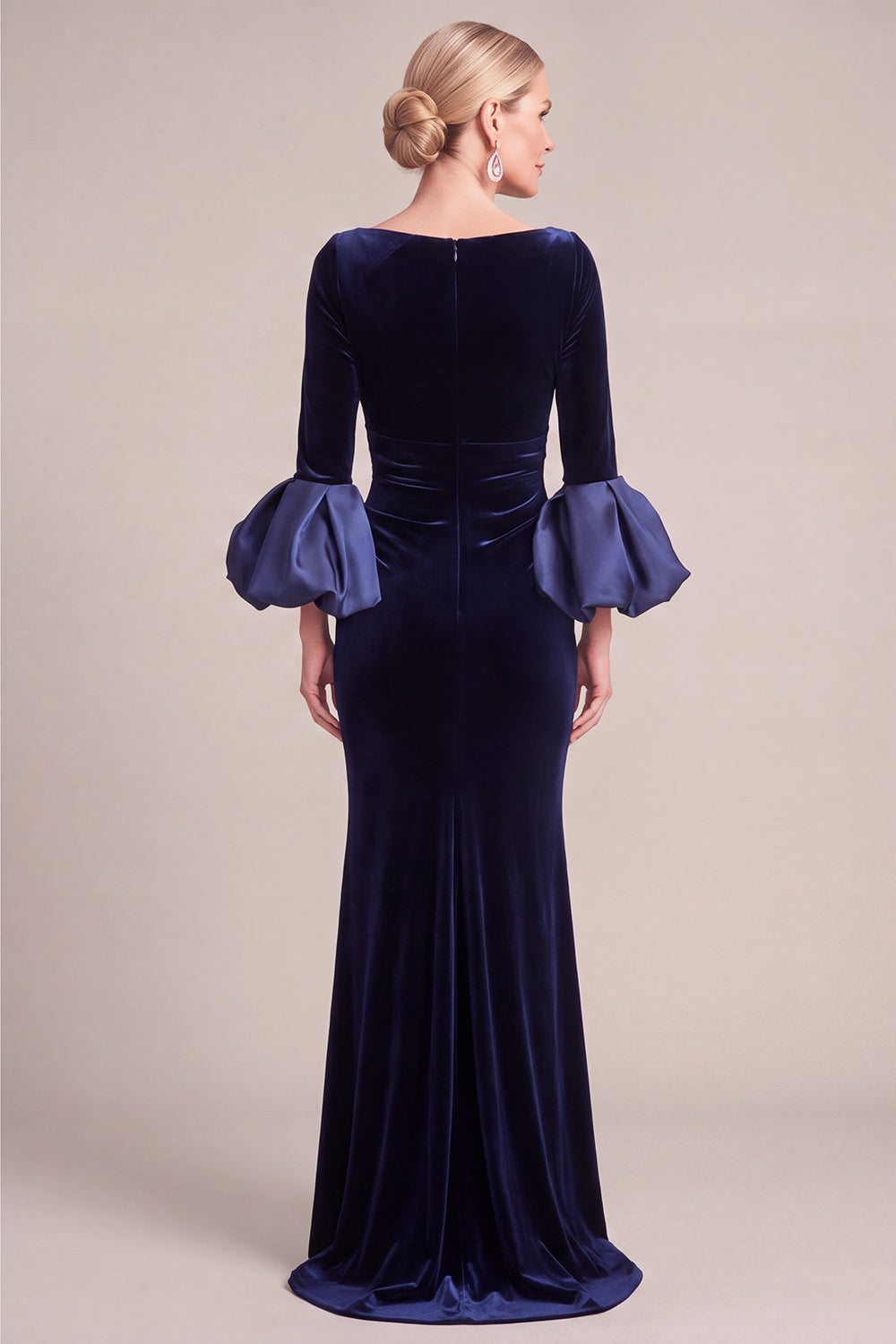 Navy Mermaid Asymmetrical Neck Puff Sleeves Ruched Long Mother of the Bride Dress
