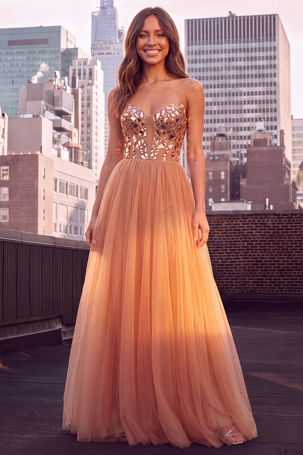Golden Sparkly A-Line Strapless Mirror Tulle Long Prom Dress
