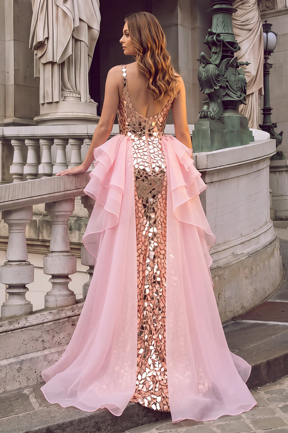 Golden Sparkly Mermaid V-Neck Ruffled Mirror Long Prom Dress