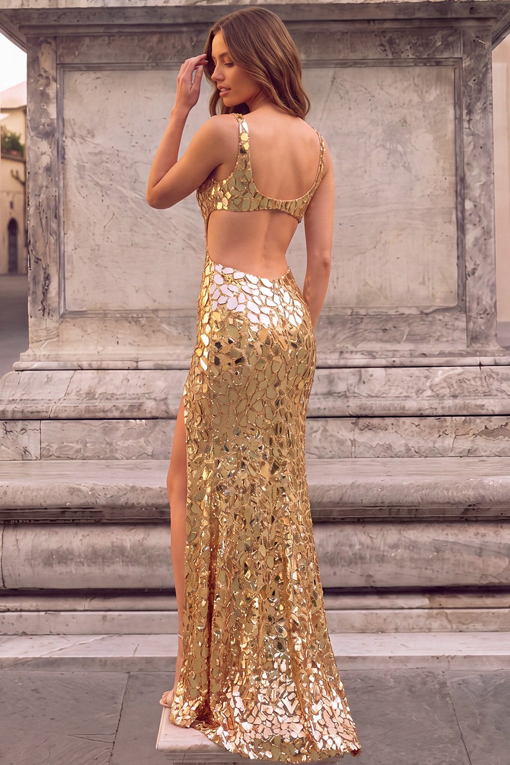 Golden Sparkly Mermaid V-Neck Mirror Cut Out Long Prom Dress