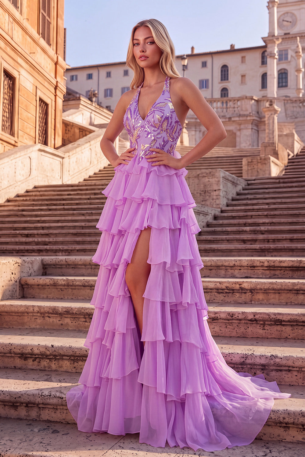 Sparkly Lilac A-Line Halter Ruffled Tiered Long Prom Dress with Slit