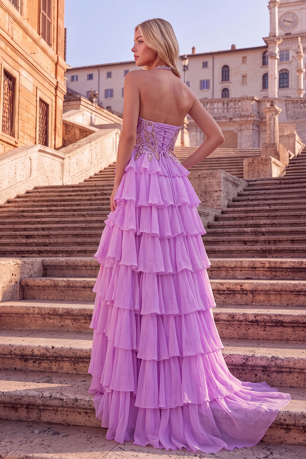 Sparkly Lilac A-Line Halter Ruffled Tiered Long Prom Dress with Slit