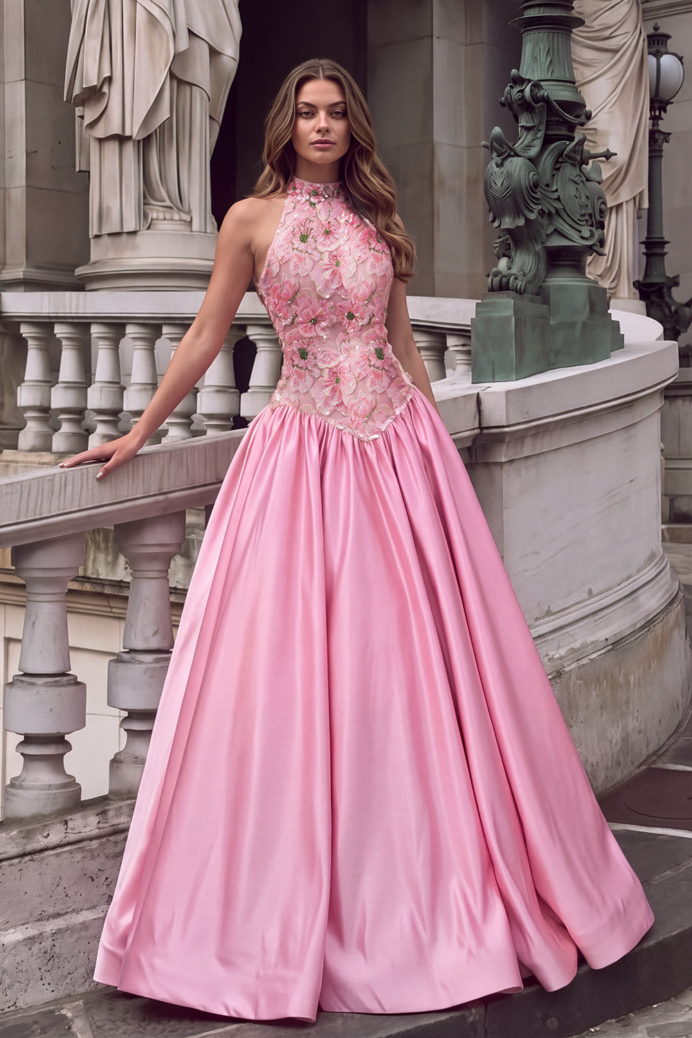 Leely Women Pink Sparkly Sequins Floral Long Prom Dress High Neck Satin A-Line Appliqued Formal Dress with Button