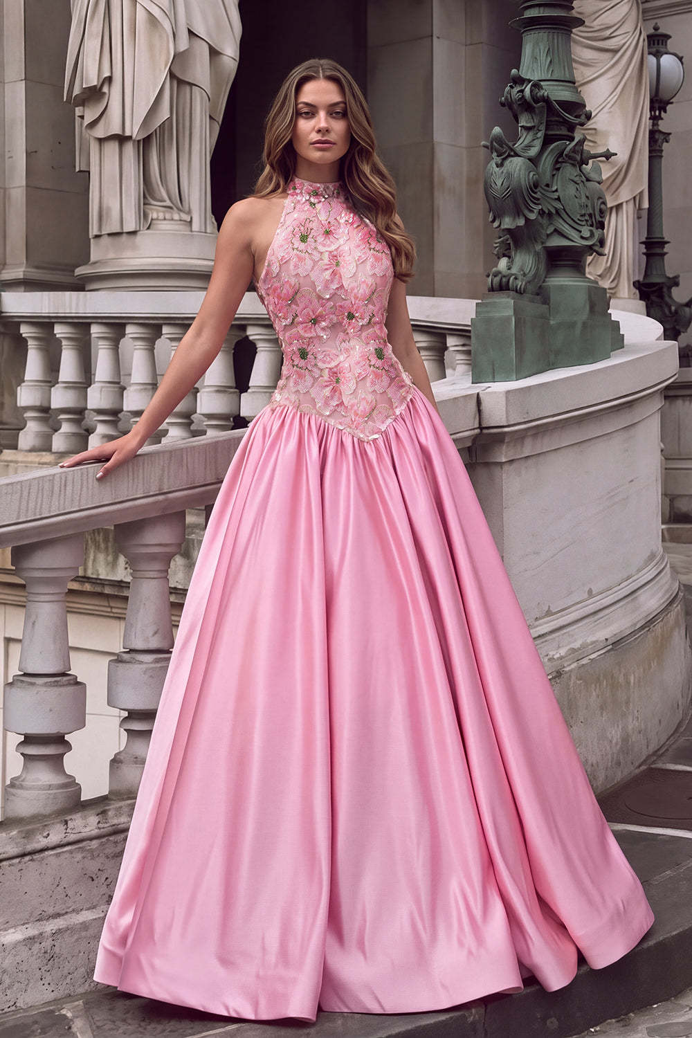Leely Women Pink Sparkly Sequins Floral Long Prom Dress High Neck Satin A-Line Appliqued Formal Dress with Button