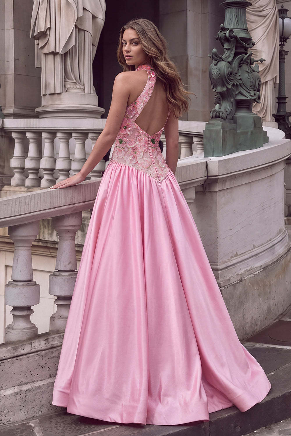Sparkly Sequins Pink A-Line High Neck Floral Long Prom Dress with Appliques