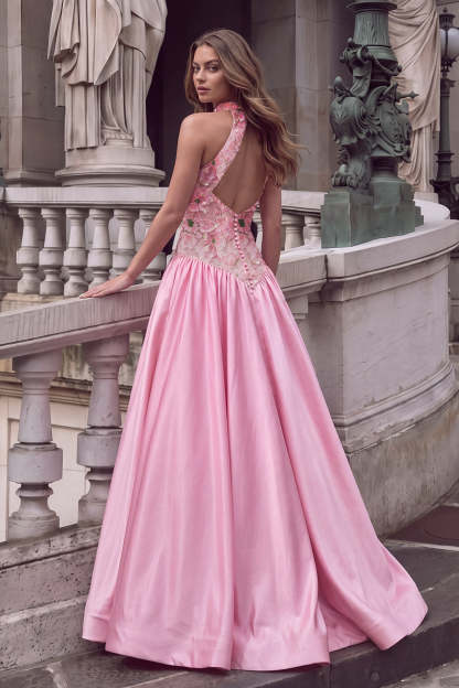 Sparkly Sequins Pink A-Line High Neck Floral Long Prom Dress with Appliques