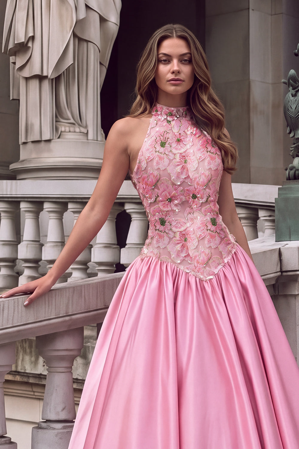 Sparkly Sequins Pink A-Line High Neck Floral Long Prom Dress with Appliques