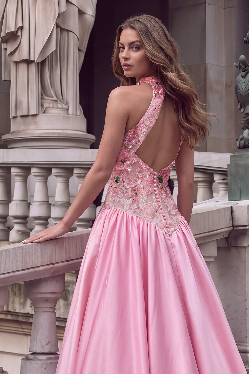 Sparkly Sequins Pink A-Line High Neck Floral Long Prom Dress with Appliques