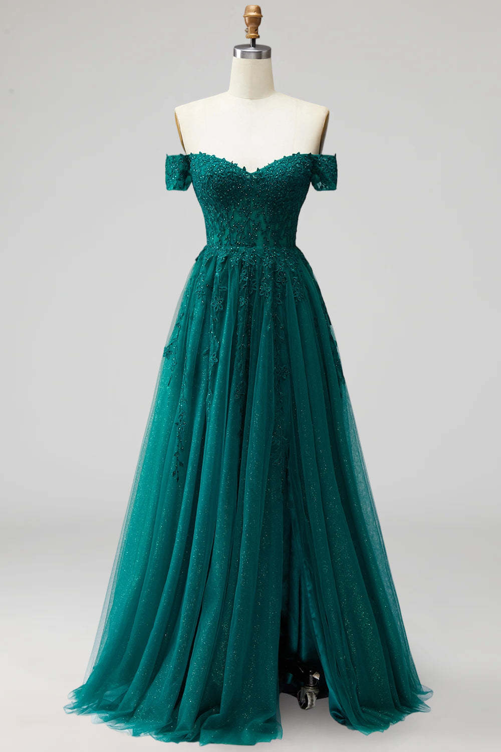 Sparkly Beaded Dark Green Off the Shoulder Long Formal Dress with Slit