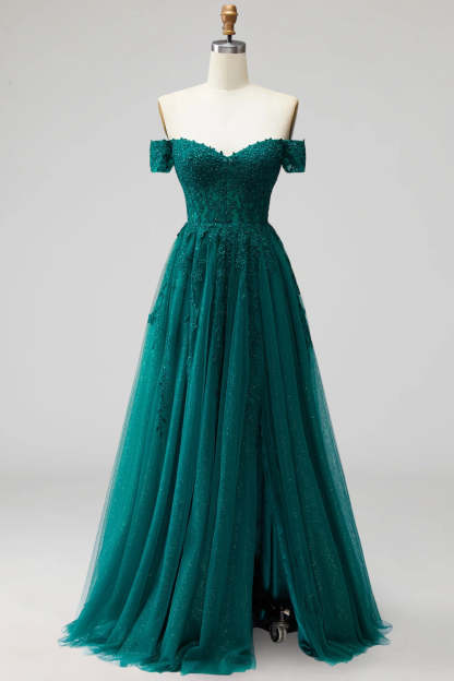 Sparkly Beaded Dark Green Off the Shoulder Long Formal Dress with Slit