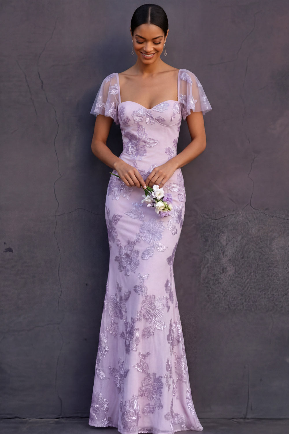 White Mermaid Floral Appliqued Long Engagement Dress with Sleeves